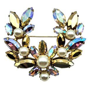 Vintage Regency Brooch Gold Arum Aurora Borealis Rhinestones Pin Signed Jewelry